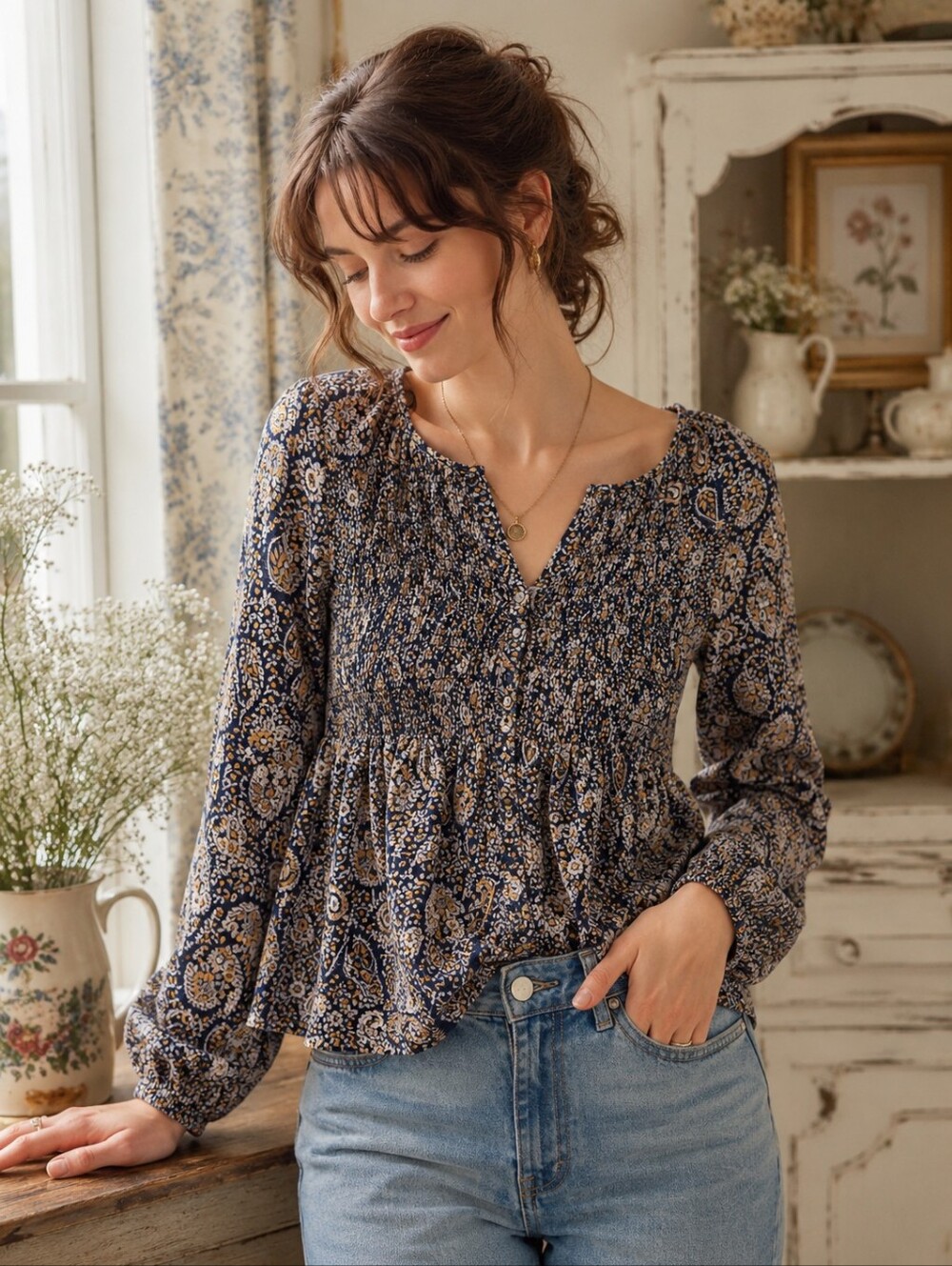 Lucky Brand Navy Blue and Cream Paisley Smocked Peasant Blouse